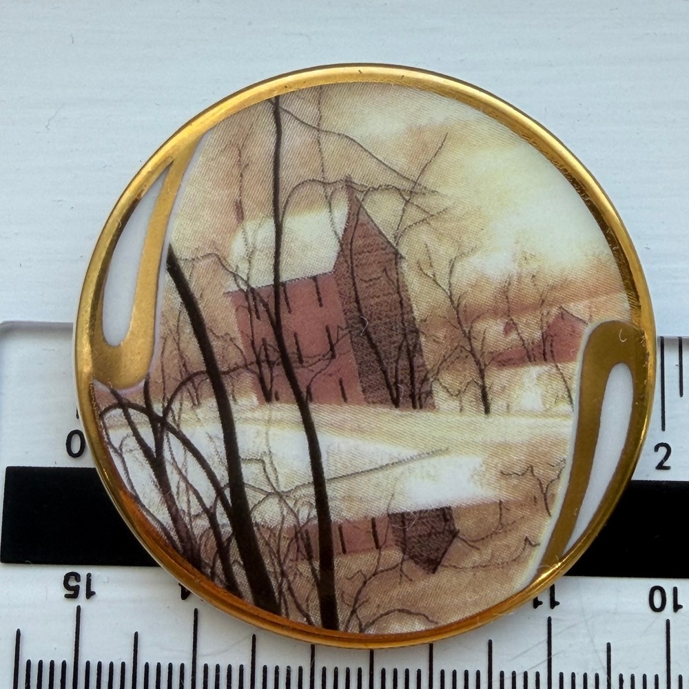 P Buckley Moss Golden Winter 1995 Porcelain Brooch Pendant Anna Perenna Art 2" - Picture 3 of 4